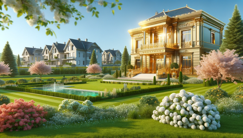 Wieviel ist Ihre Immobilie wert? Das Bild zeigt ein goldenes Haus in einem parkähnlichem Garten.