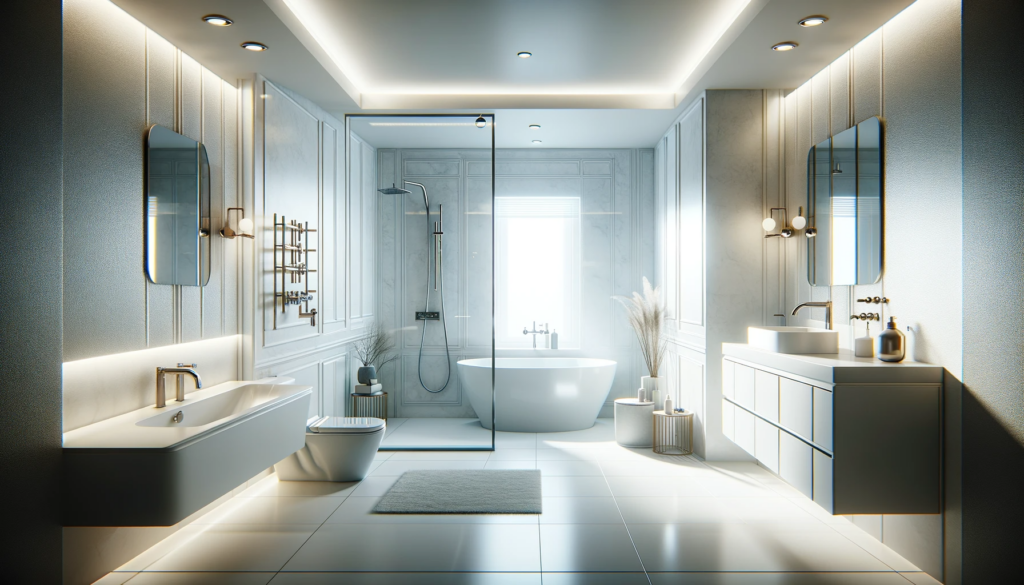 Das Bild stellt ein luxuriöses Badezimmer dar, das geschmackvoll modernisiert wurde. Zu den Hauptmerkmalen gehören eine schlanke, zeitgenössische Badewanne, ein hochmodernes Duschsystem mit Glasabtrennung, moderne Waschbecken mit stilvollen Armaturen und eine High-Tech-Toilette. Die Wände sind mit eleganten Fliesen verziert, und die Beleuchtung ist weich und stimmungsvoll, was die ruhige und gehobene Atmosphäre des Raums unterstreicht. Das Design verbindet perfekt moderne Funktionalität mit ästhetischem Reiz. Das Bild ist fotorealistisch und im Querformat gehalten und betont die Raffinesse und den Komfort moderner Badezimmerrenovierungen.