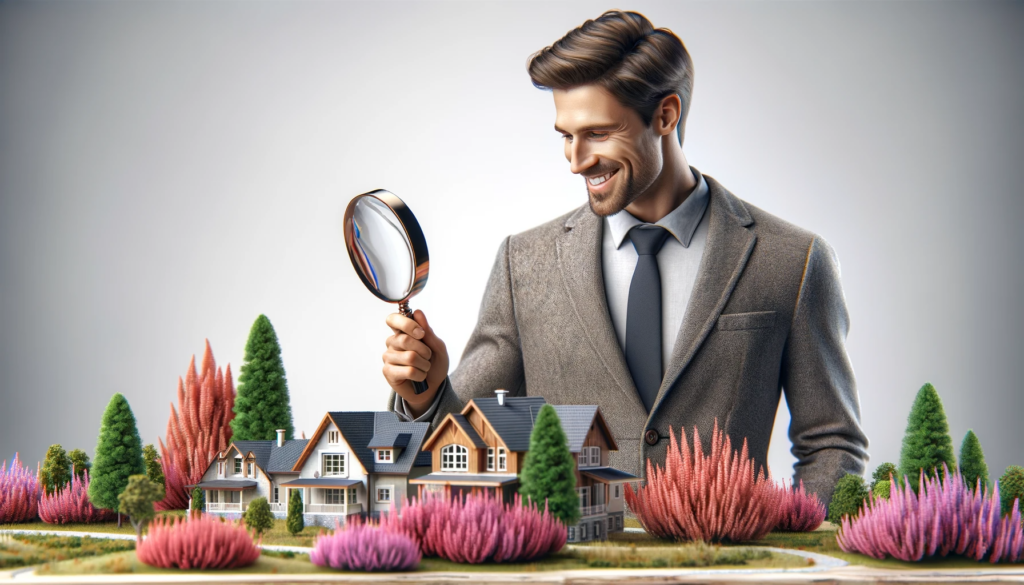 Das Bild zeigt einen Immobilienmakler wie er mit einer Lupe die Lage einer Immobilie für die Wertermittlung analsysiert.