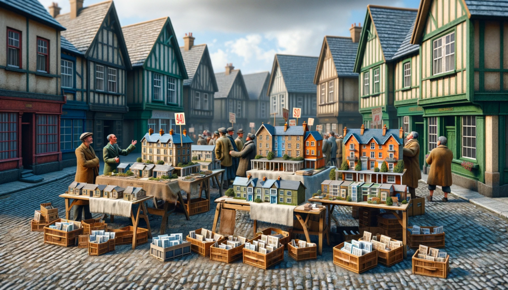 In dieser Szene werden bildhaft Immobilien auf einem mittelalterlichen Marktplatz angeboten.