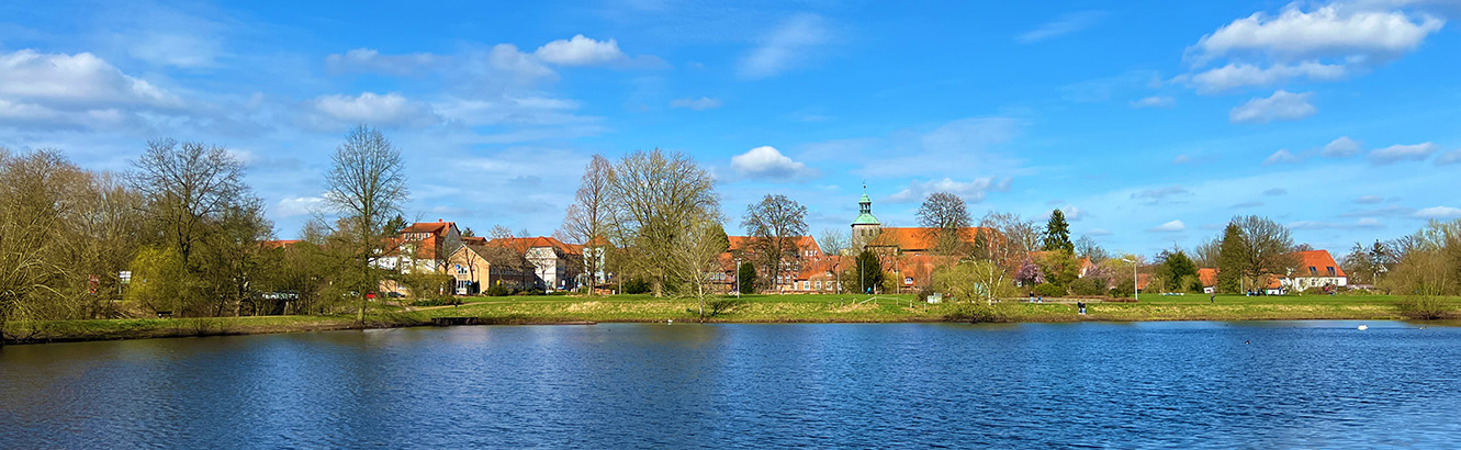 Das Bild zeigt den Blick über den Klostersee von Süden aus in Richtung altes Kloster in Walsrode